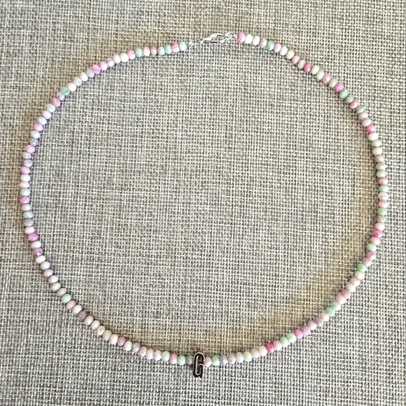 Dainty Beaded Stone Initial Letter G Choker Necklace Pink Purple White 17.5" - Picture 2 of 5